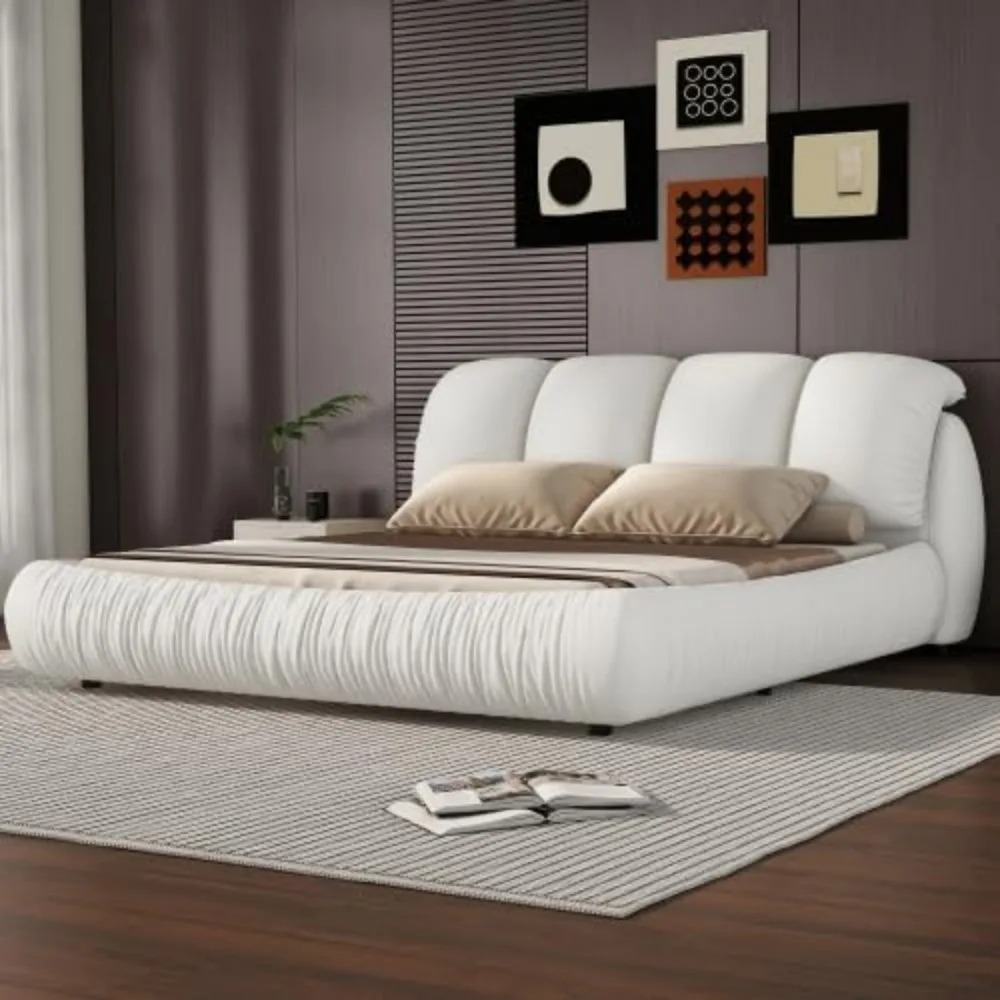 Luxury Upholstered Platform Bed with Thick Headboard,Leather Queen Bed with Oversized Padded Backrest,Platform Bed Frame 6
