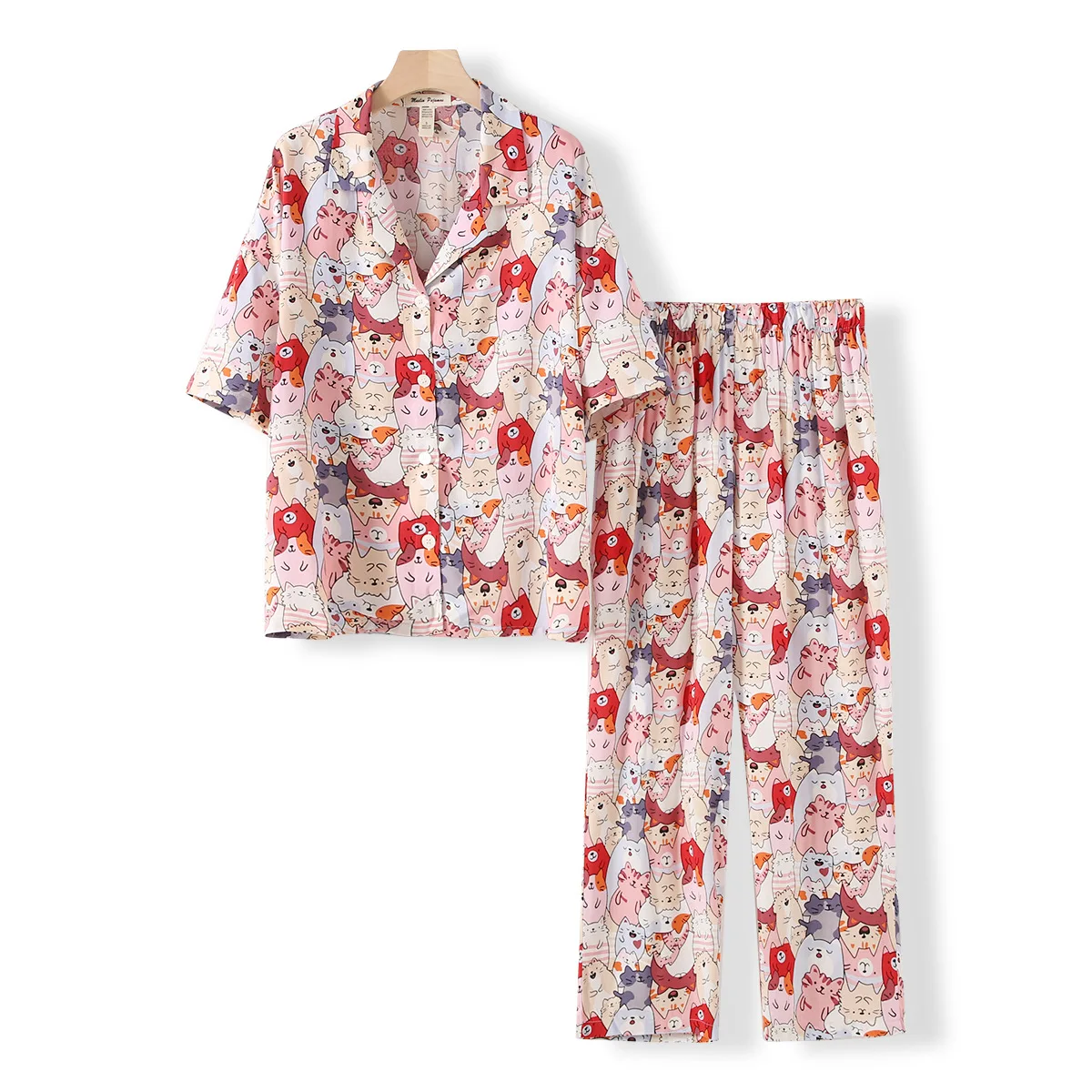 

Summer Short Sleeved Long Pants Pajamas for Women's Loungewear Cat Printed Cotton Suit Loose Fitting Home Wear Pyjamas Clothes
