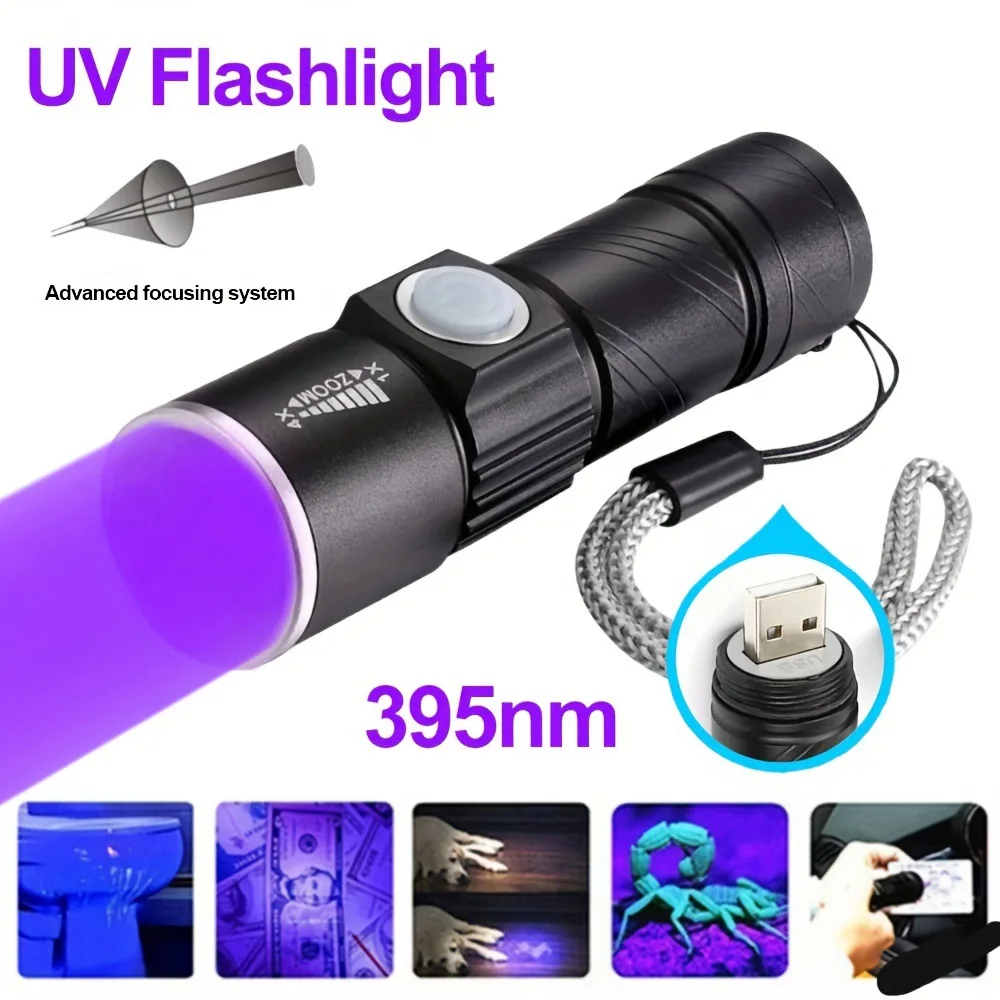 395nm UV Flashlight Blacklight Zoomable USB Rechargeable UV Light Ultraviolet Flashlight for Pet Urine Detector Resin Curing
