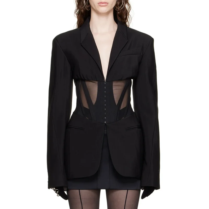 

2024 New Solid Blazers For Women Notched Collar Long Sleeves Patchwork Mesh Slimming Sexy Blazer Female Fashion Clothes Top