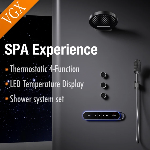 VGX หรูหราปกปิดระบบฝักบัวชุดจอแสดงผลอุณหภูมิ Thermostatic ระบบฝักบัวสายฝนห้องน้ําชุดก๊อกน้ําสีเทา 1