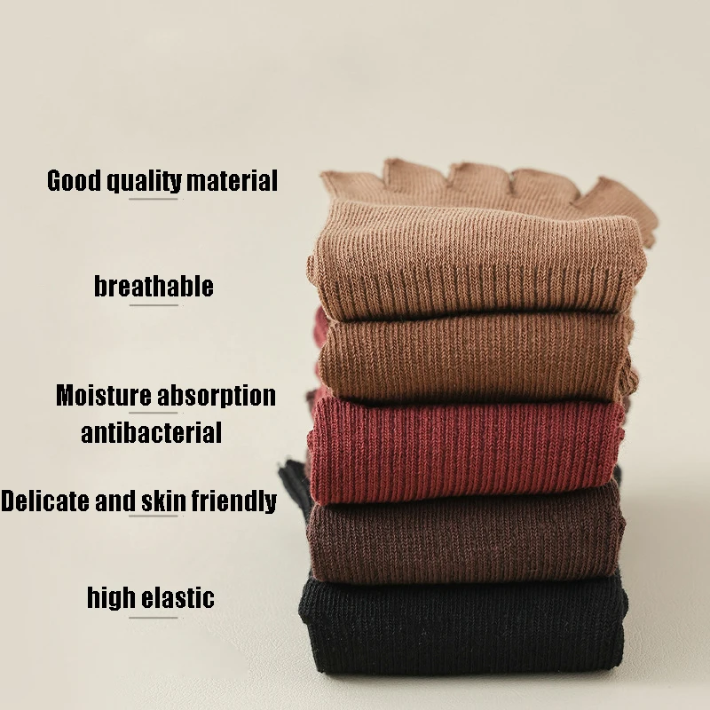 5 Pairs Five Fingers Long Socks for Women Autumn Winter Dark Color Cotton Sock Solid Mid-tube Versatile Casual Socks Harajuku