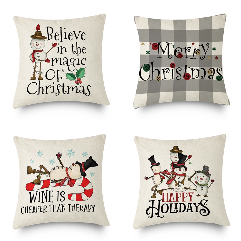 

Cute Christmas Snowman Linen Throw Cushion Pillow Cover Kawaii Pillowcase Home Holiday 2023 New Year Noel Decoration 45x45
