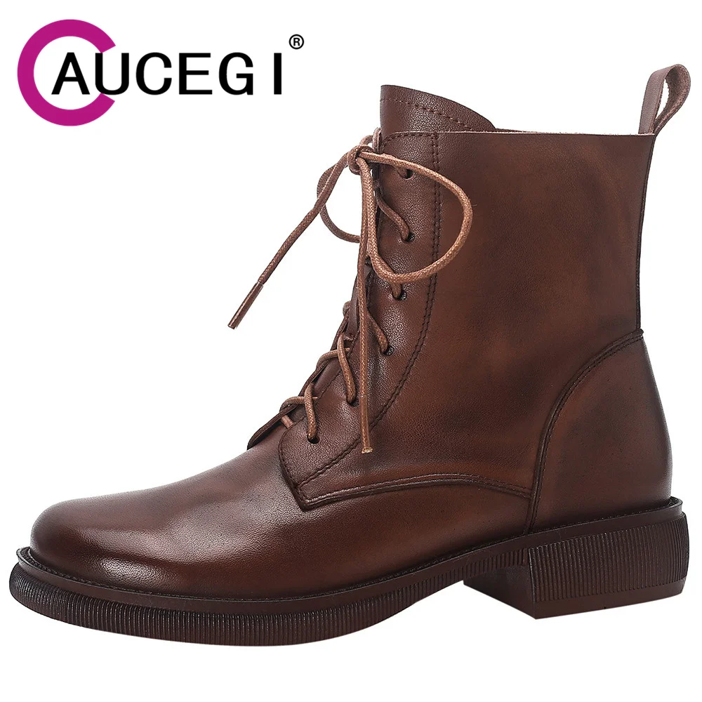 

Aucegi Women Retro Round Toe Lace Up Ankle Boots Genuine Cow Leather Cross Tied Comfy Low Heels Outdoor Fashion Wild Shoes