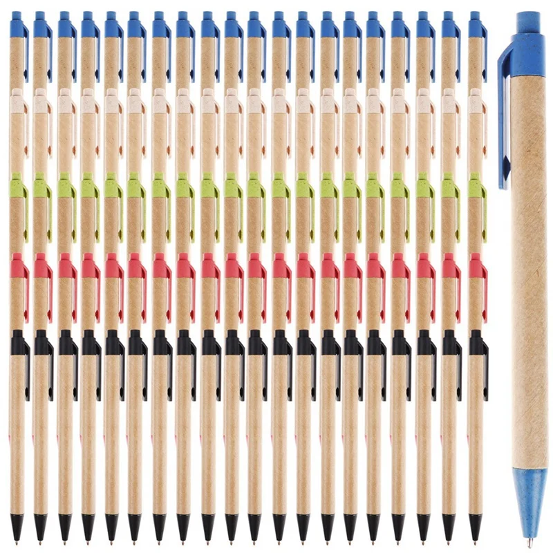 

100 Pcs Eco Friendly Pens Recycled Writing Ballpoint Pens Medium Point(1Mm)Retractable Rollerball Pens For Office School Durable