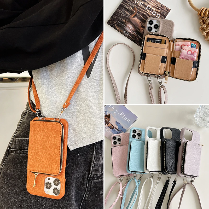 Luxury Zipper Card Slots Wallet Crossbody Strap Case in PU Leather