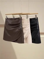 Fashionable Pleated PU Leather Mini Skirt Women's High Waist A- Line Short Skirt Spring Summer Autumn Vintage Style Skirt