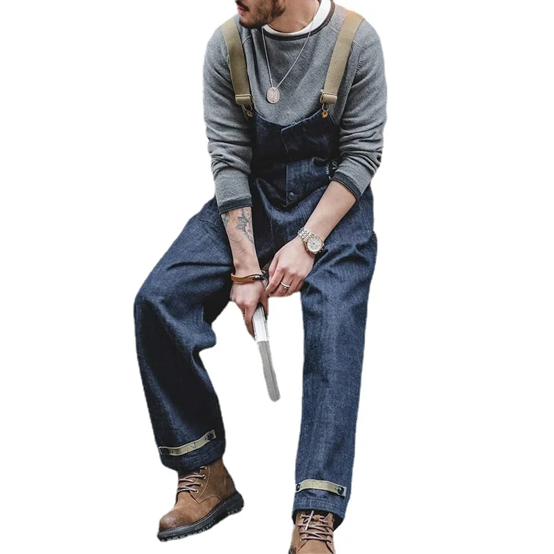 Cargo Jeans Jumpsuit Retro Navy Strap Pants Spring Autumn Washed Straight Jeans Mens Fashion Pantalones Vaqueros Hombre Size 5XL