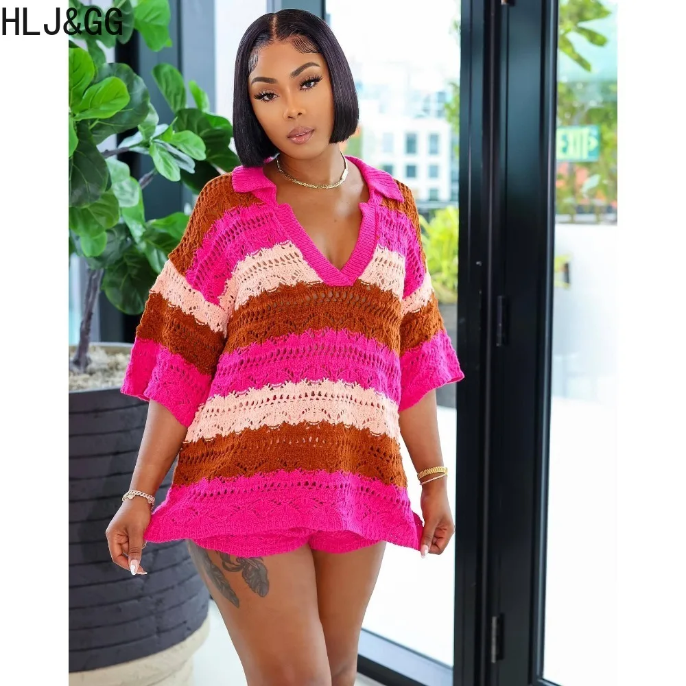 HLJ&GG Rose Summer Knitted Stripes Splicing Two Piece Sets Women V Neck Long Sleeve Top And Shorts Outfits Female 2pcs Clothing