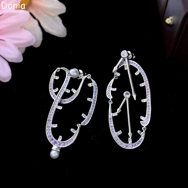 Donia Jewelry European and American Court Elegant Clock Titanium Steel Micro-Inlaid AAA Zircon Silver Needle Earrings
