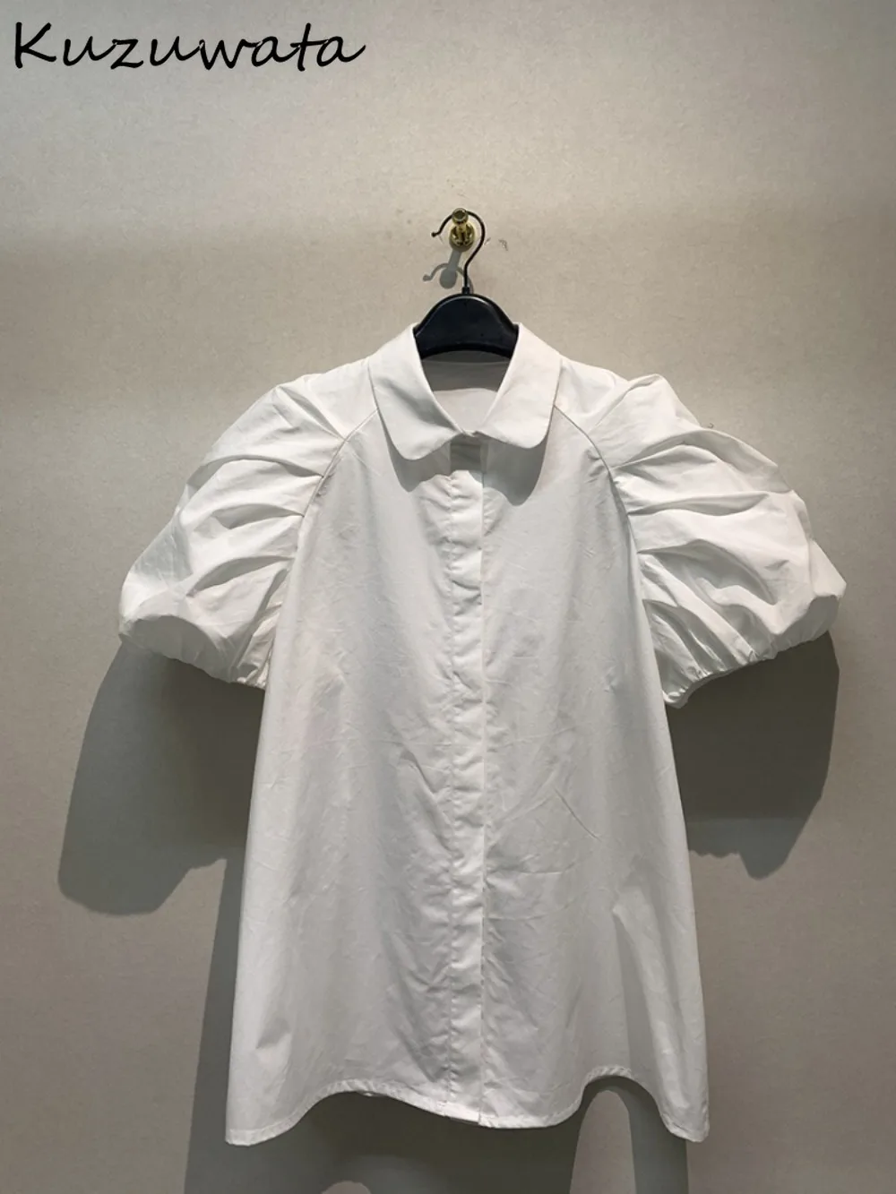 Kuzuwata Gentle New Vintage Literary Women Clothing Court Sweet Fresh All-match Shirts Japan Peter Pan Lantern Sleeve Ruched Top