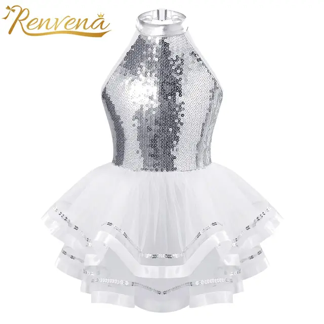 Robe Tutu de danse de Ballet pour filles, col licou, paillettes scintillantes, justaucorps de gymnastique, Costume de spectacle de danse Jazz latine moderne 1
