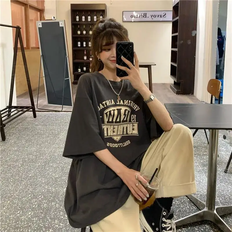 

Summer New Style National Full Print Cartoon Letters Kawaii Short-Sleeved T-Shirt Female Retro Loose Harajuku Casual Oversize