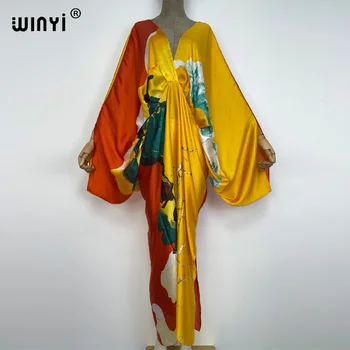 WINYI New Fashion Bohemian Deep V-neck Floral europea For Lady Free Size Loose Batwing Holiday Beach cover up Party Kaftan Dress 1