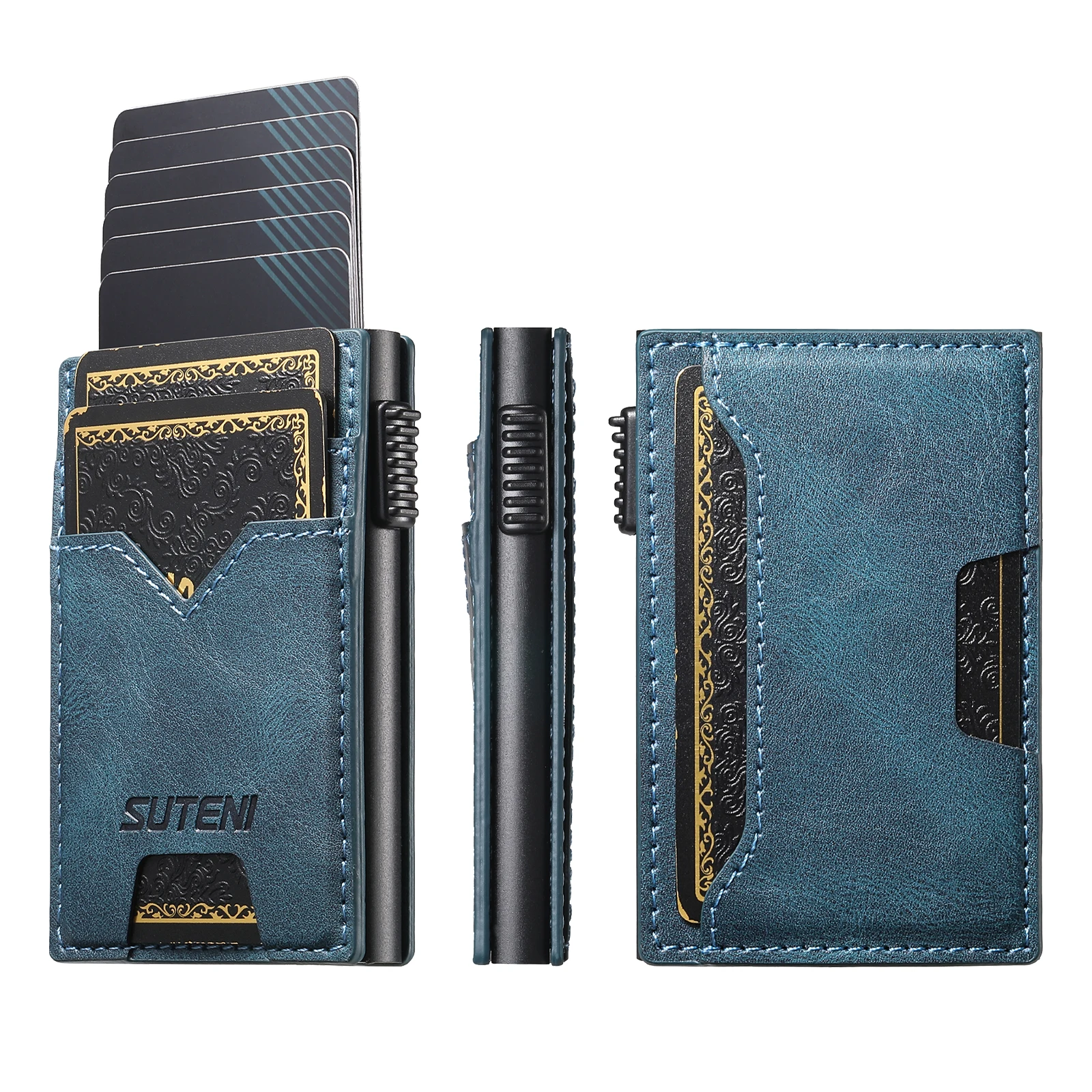 SUTENI For Men Wallet Card Slot Faux Leather Wallet Card Box Pressing The Button Automatically Ejects The Card