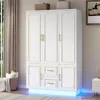 75” Tall 3 Doors Armoire Wardrobe Closet with 2 Drawers and LED Lights, with Shelves and Hanging Rod, Wardrobes 1