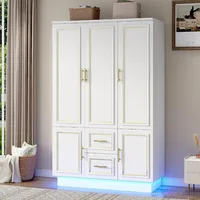 75” Tall 3 Doors Armoire Wardrobe Closet with 2 Drawers and LED Lights, with Shelves and Hanging Rod, Wardrobes 1