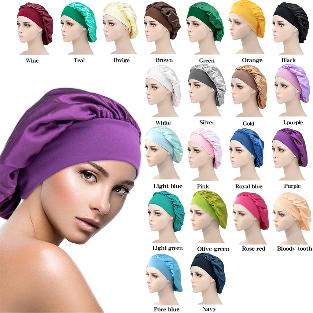 

Solid Silk Sleep Elastic Bonnet for Hair Protect Lady Satin Sleeping Hat Night Cap Hair Care Bonnet Nightcap for Women Headwrap