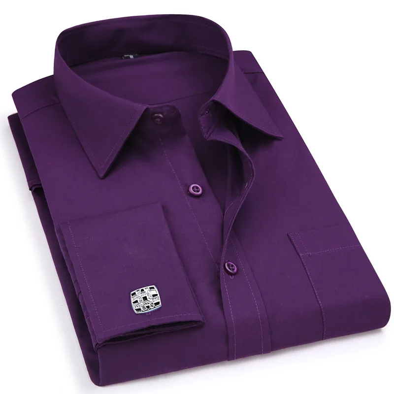 Gentle Formal Mens French Cuff Dress Shirt Men Long Sleeve Solid Striped Style Men's Shirts Cufflink Include Plus Sizet 6XL mens dress shirt