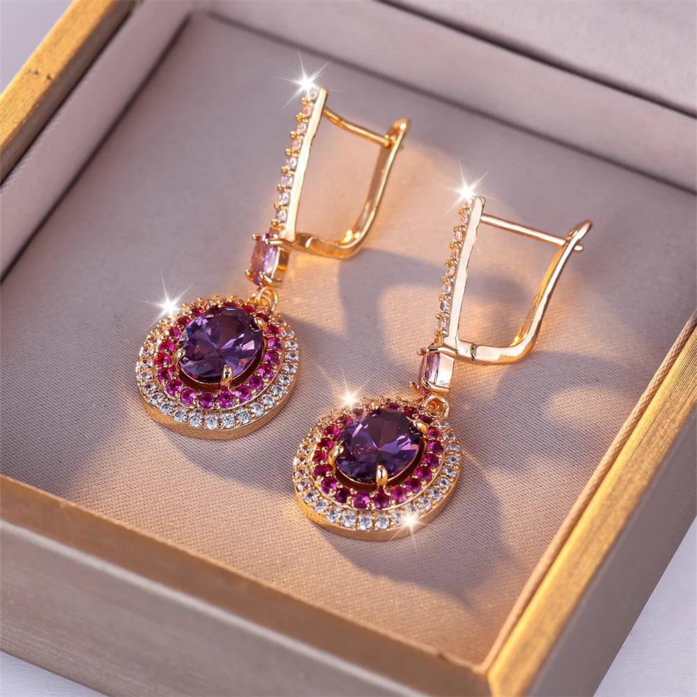 Purple Crystal Egg Shaped Stone Earring Rose Red Zircon Oval Hoop Earrings For Women Champagne Gold Color Wedding Bridal Jewelry