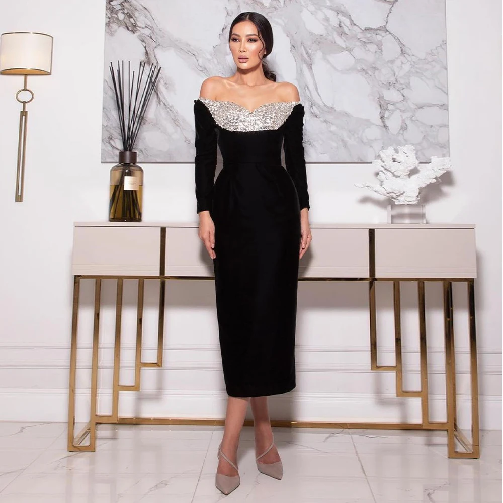 

Sparkle Crystal Evening Dresses Off the Shoulder Long Sleeves Evening Gowns Black Velvet Tea Length Women's Party Dress Midi