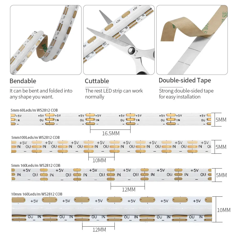 รูปสินค้า COB LED Strip 5V สว่างสูง 60 LEDs/M สำหรับตกแต่งบ้าน