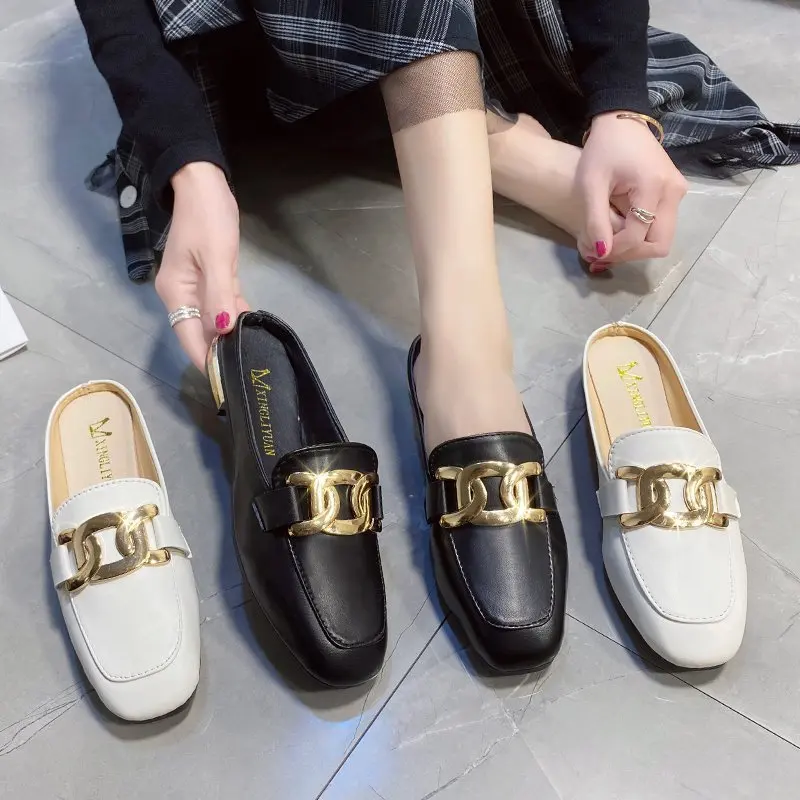 

Women Elegant Single Shoes Ladies New Casual Fashion Sandals Baotou Half Slippers Female Outdoor Metal Buckle Lazy Muller Shoes