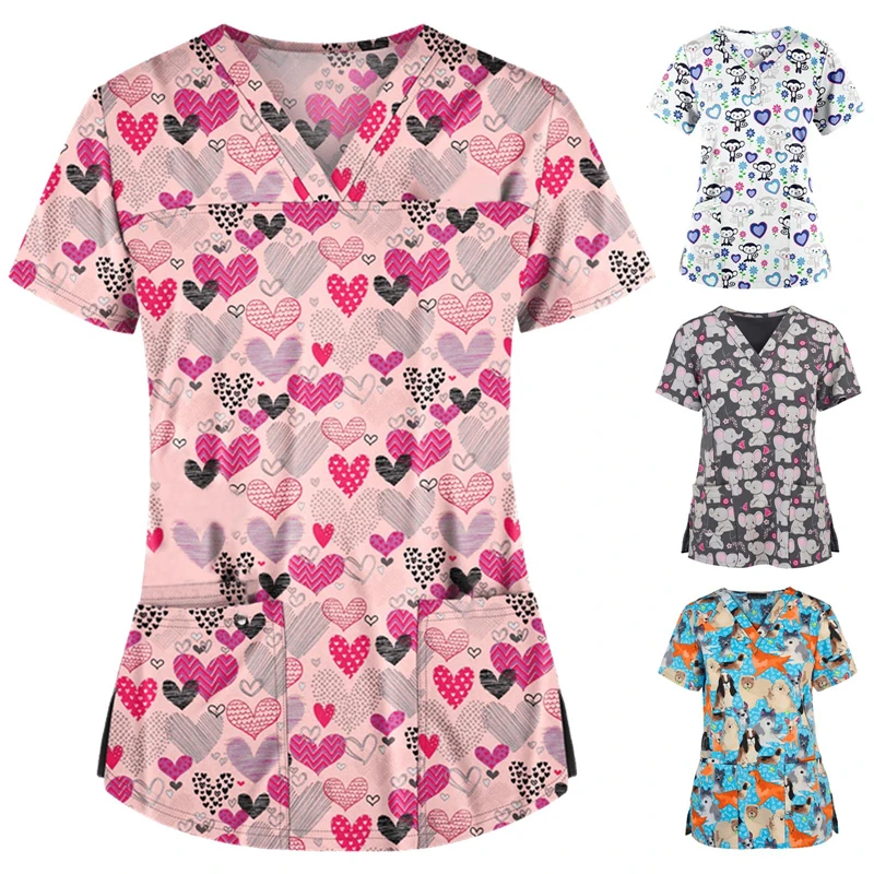 

Sweet Women Philosophy Scrub Top Working Uniform Uniforms Animal Cartton Pocket Ladies Care Working Uniform Scrubs Tops