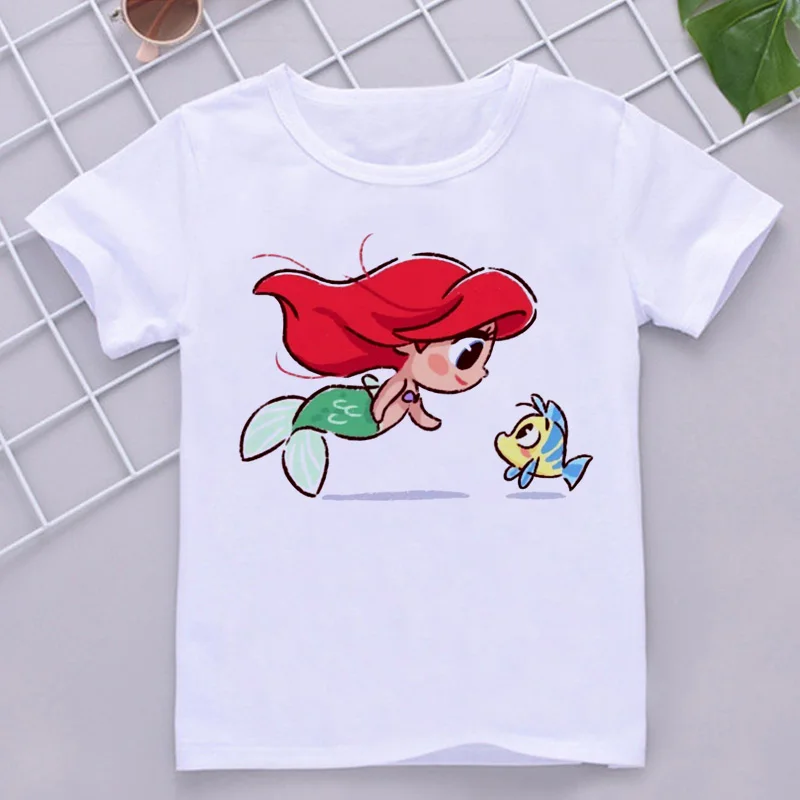 Disney dziecko syrenka księżniczka nadruk Kawaii koszulka dziewczynka miękkie kreskówka odzież ładny graficzny top dzieci śmieszne koszulki Dropship