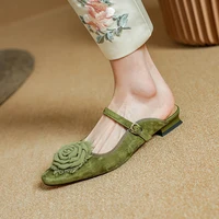 2025 NEW Summer Mules Women Sandals Shoes for Women Square Toe Low Heel Women Slippers Cover Toe Slingback Green Sandals - Image 5