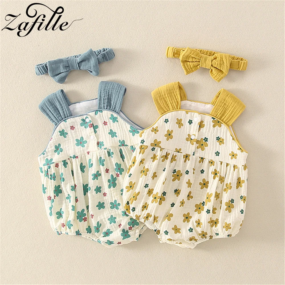 

ZAFILLE Flowers Newborn Bodysuit Summer Girls Sling Romper 2pcs Kids Infant Clothing Cute Toddler Baby Clothes Casual Girl Suits