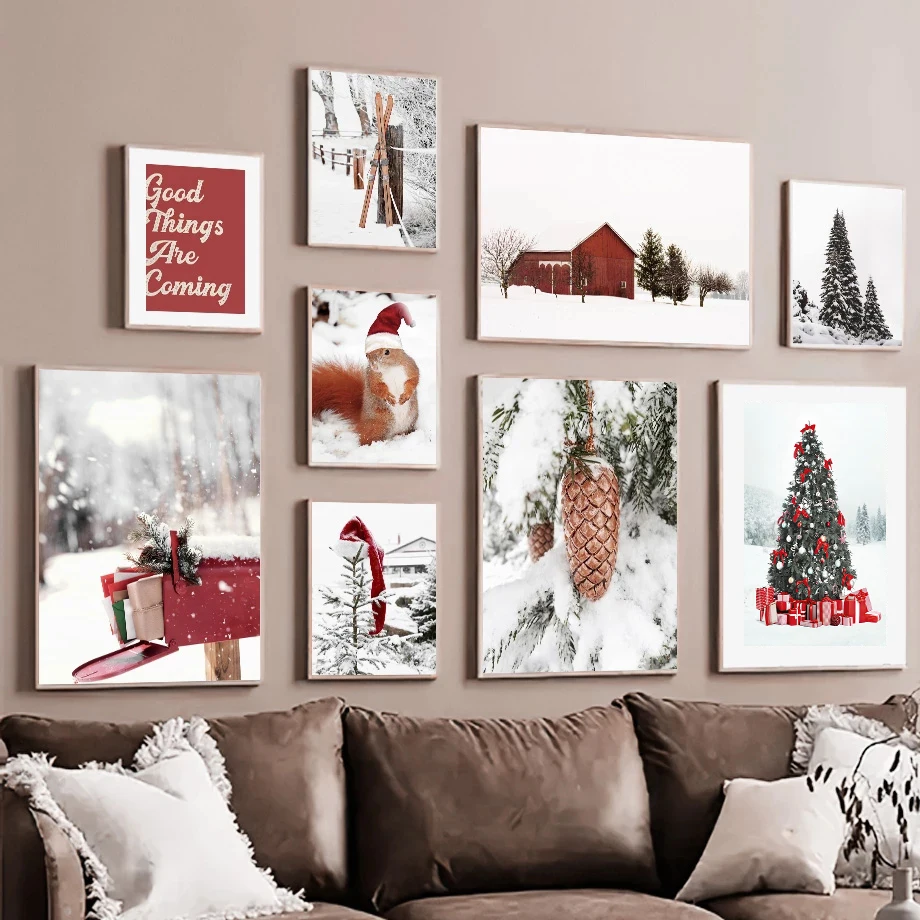 Winter Snow Landscape Picture Canvas Painting Wall Art Christmas Hat Tree Poster Pine Nordic Scenery Print for Modern Home Decor