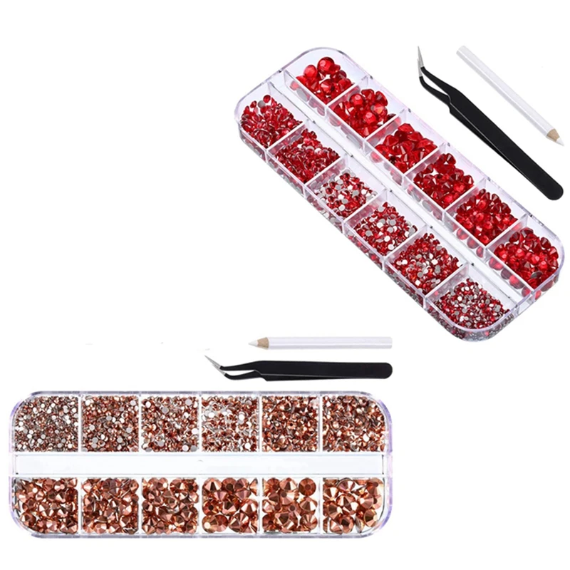 

Набор из 2 плоских драгоценных камней, круглых кристаллов, фотоэлементов с пинцетом и ручкой для рукоделия, дизайн ногтей, красное и розовое золото