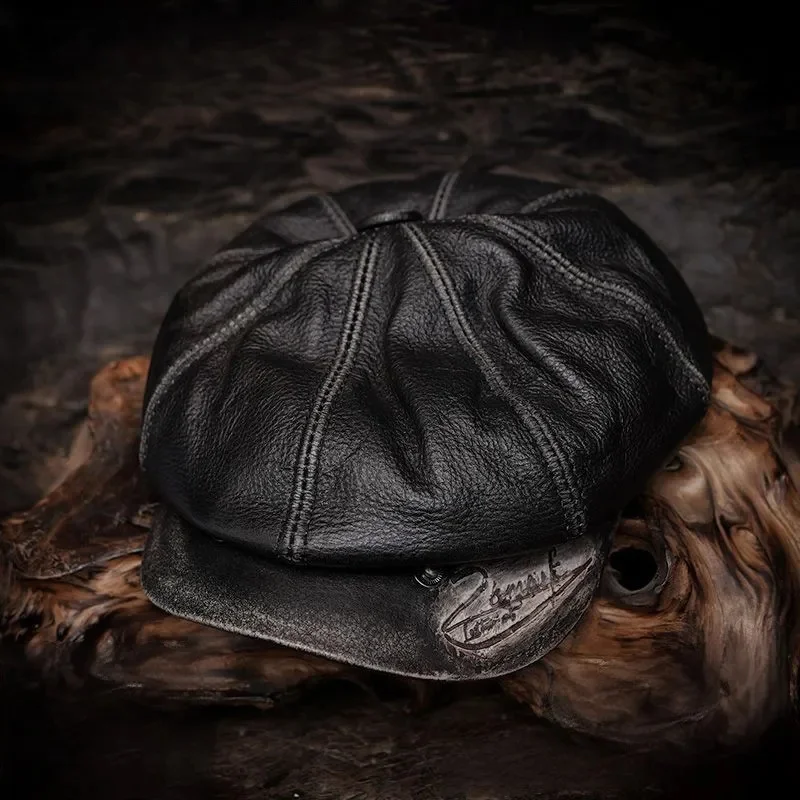 

Genuine Leather Octagonal Cap Distressed Newsboy Hat Unisex Beret