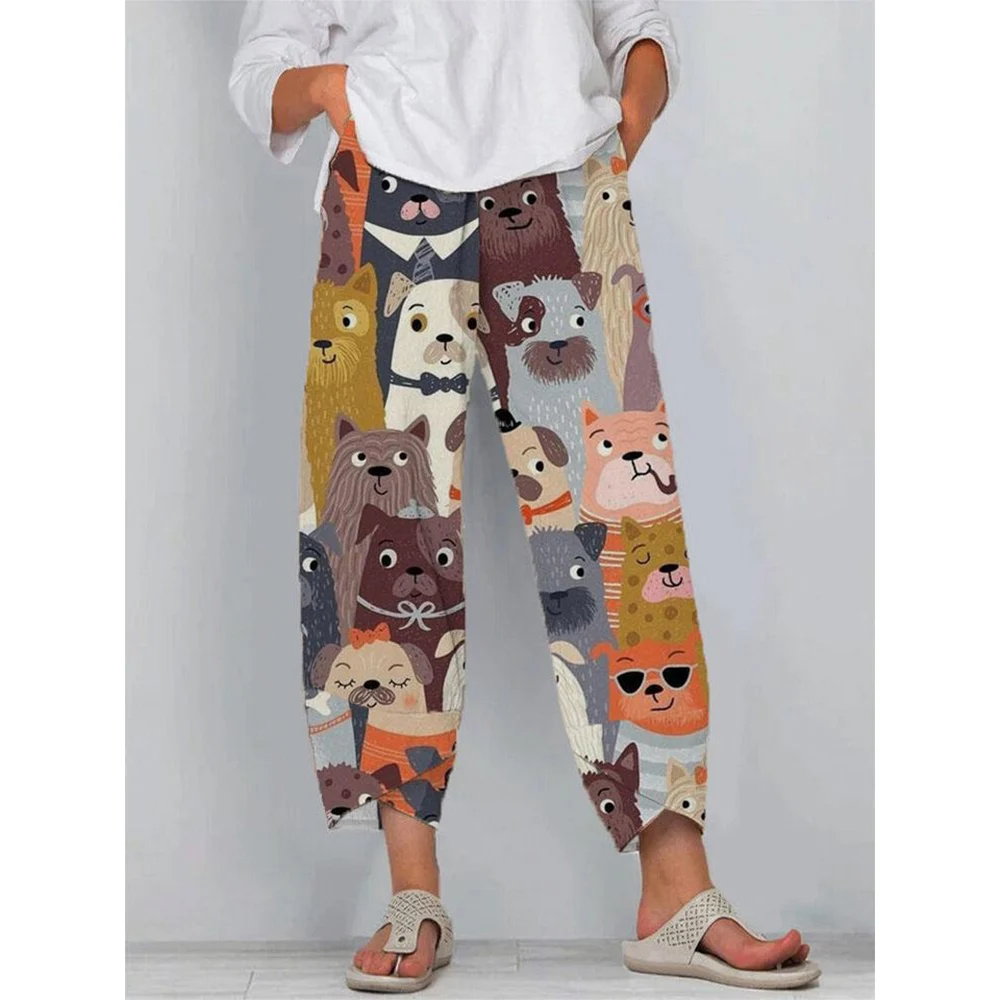 CLOOCL New Women Pants Elastic Waist Trousers with Double Pocket Cartoon Multicolor Dog Pattern Print Ankle-length Pants S-5XL men s streetwear letter pattern outdoor work lace up front ankle combat boots