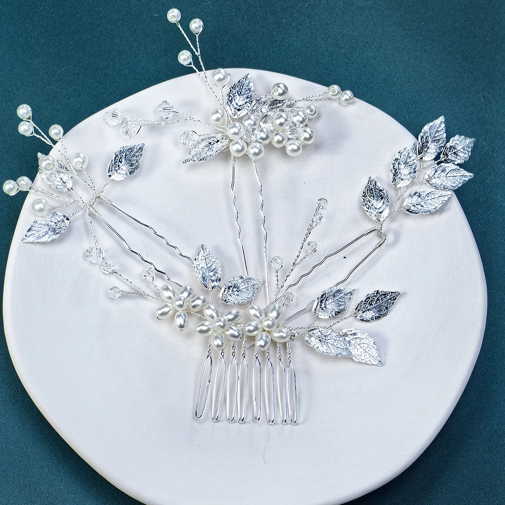 4 Piece Bridal Tiara Imitation Pearl Rhinestone Silver Leaf Wedding Set Elegant Hair Accessories Bridesmaid Flower Girl