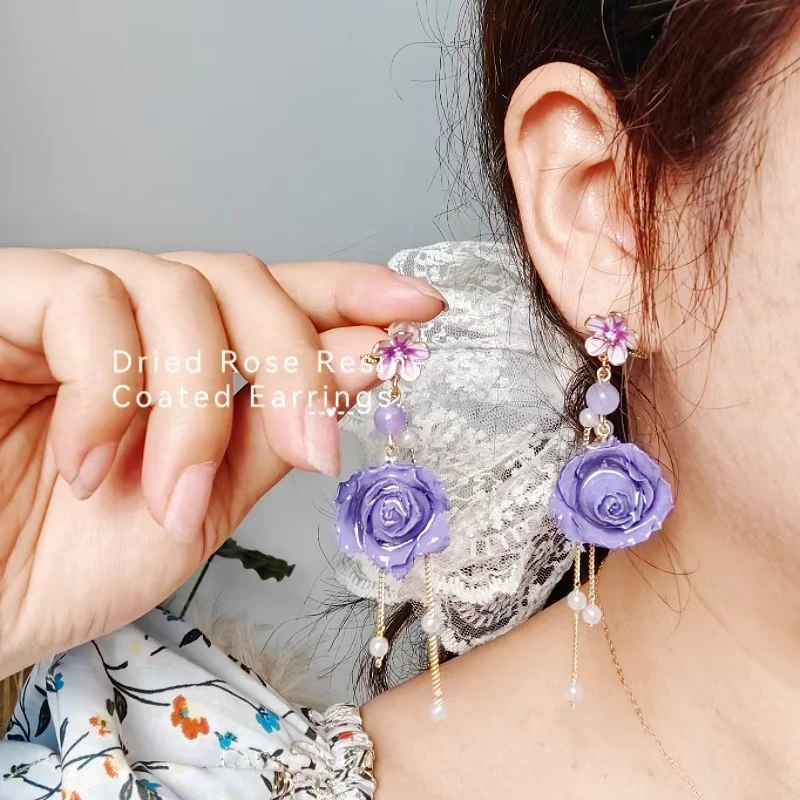 Elegant Immortal Rose Long Earrings Epoxy Resin Real Rose Flower 14