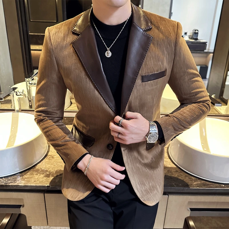 

Brand Suede Suit Jacket for Men Spring Autumn Casual Business Blazers Slim Fit PU Splicing Gentleman Social Banquet Dress Coat