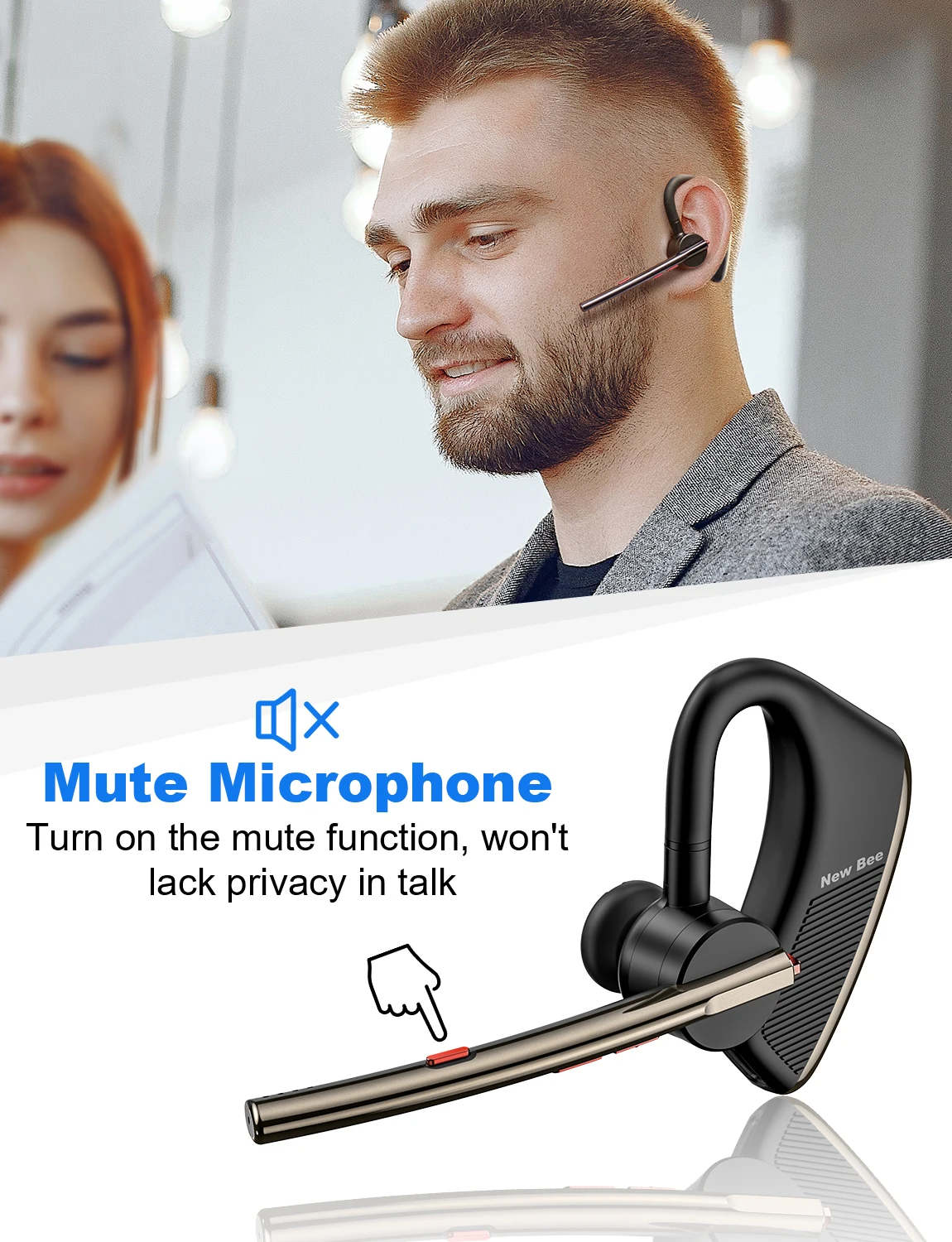 New Bee M50 Bluetooth Headset Wireless Earpiece Earphones 24 Hrs Talk Time V5.2 Headphones with Dual Mic CVC8.0 Handsfree 4