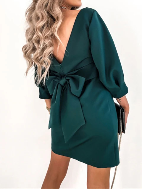Women Solid O-Neck Princess Party Dress Spring Autumn Sexy Three Quarter Sleeve Ladies Bow Backless Streetwear Dropshipping 1