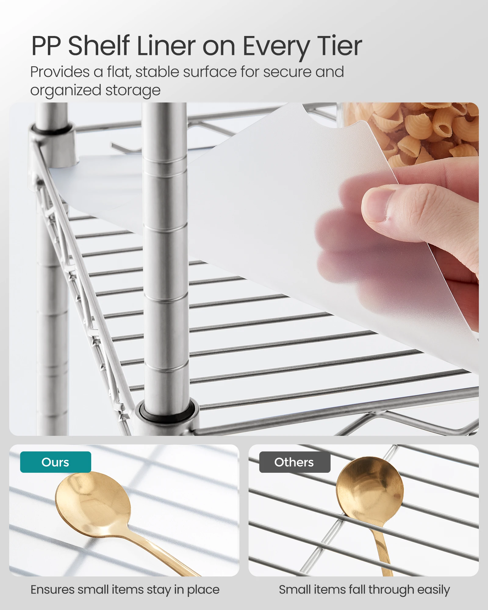 SONGMICS 5-Tier Bathroom Shelf, Storage Rack for Small Space, with 5 PP Shelf Liners, Removable Hook, Extendable Design 4