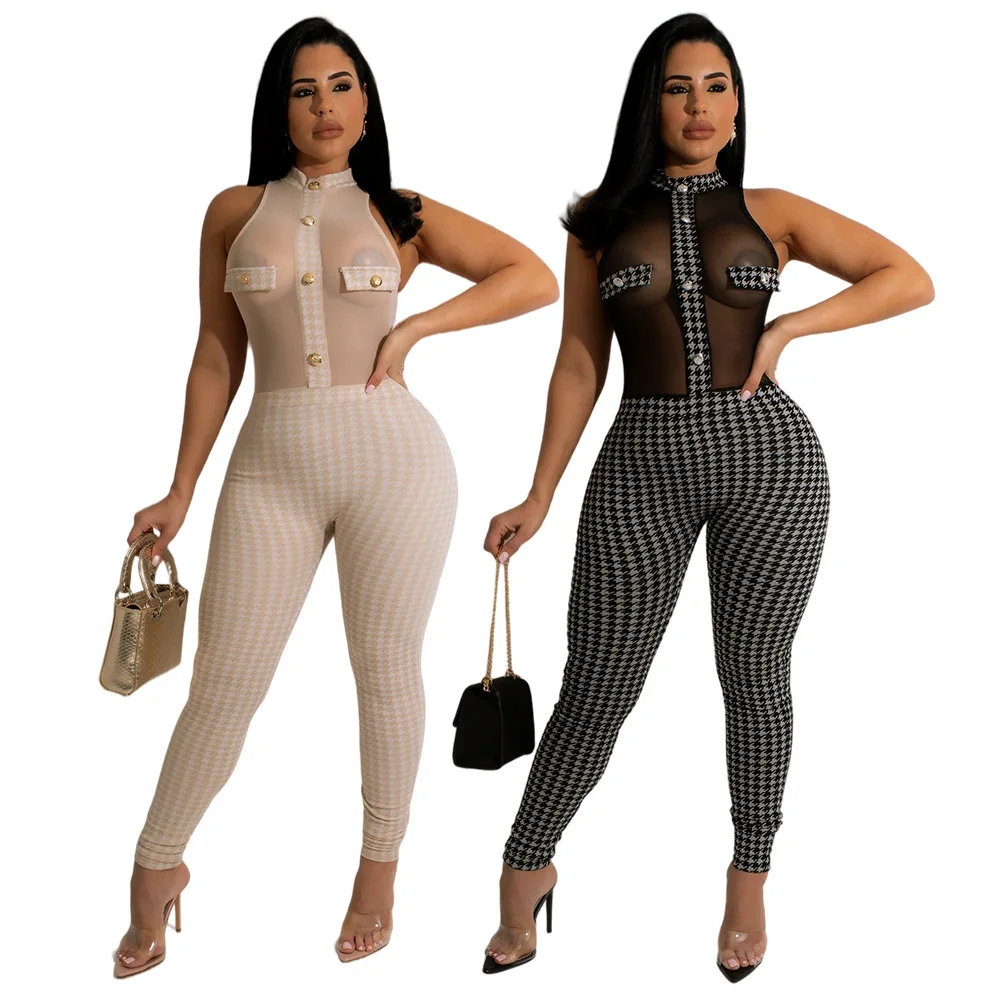 Spring And Summer New Fashion Sexy Perspective Tight Thousand Bird Lattice Women's Sleeveless Jumpsuit 2023 spring women s clothing new sexy cutout solid color irregular tight casual sleeveless jumpsuit women