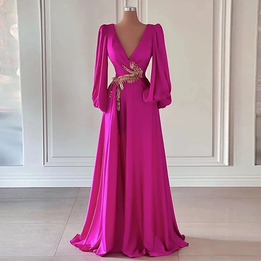 

Fuchsia Vintage Evening Dresses 2023 Puff Sleeves Long Stain V Neckline Robes De Soirée For Women's Prom Gowns Fashion Celebriti