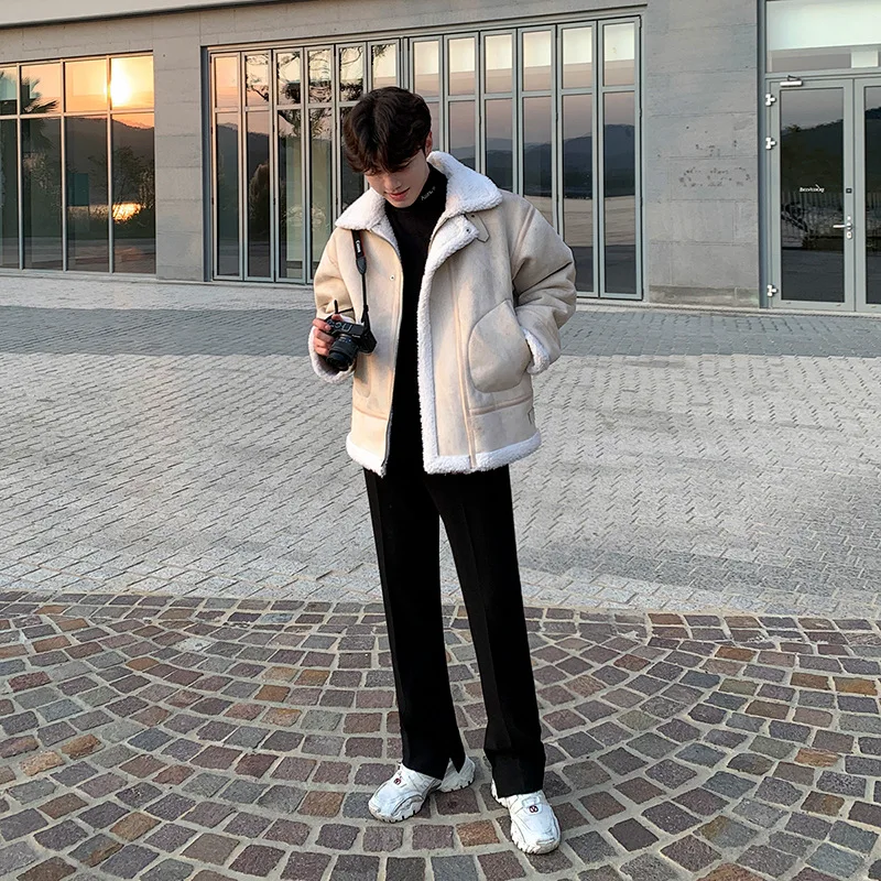 Lamb Jacket Men's Winter Thickened Motorcycle Wear Loose and Versatile Cotton Clothes Trend