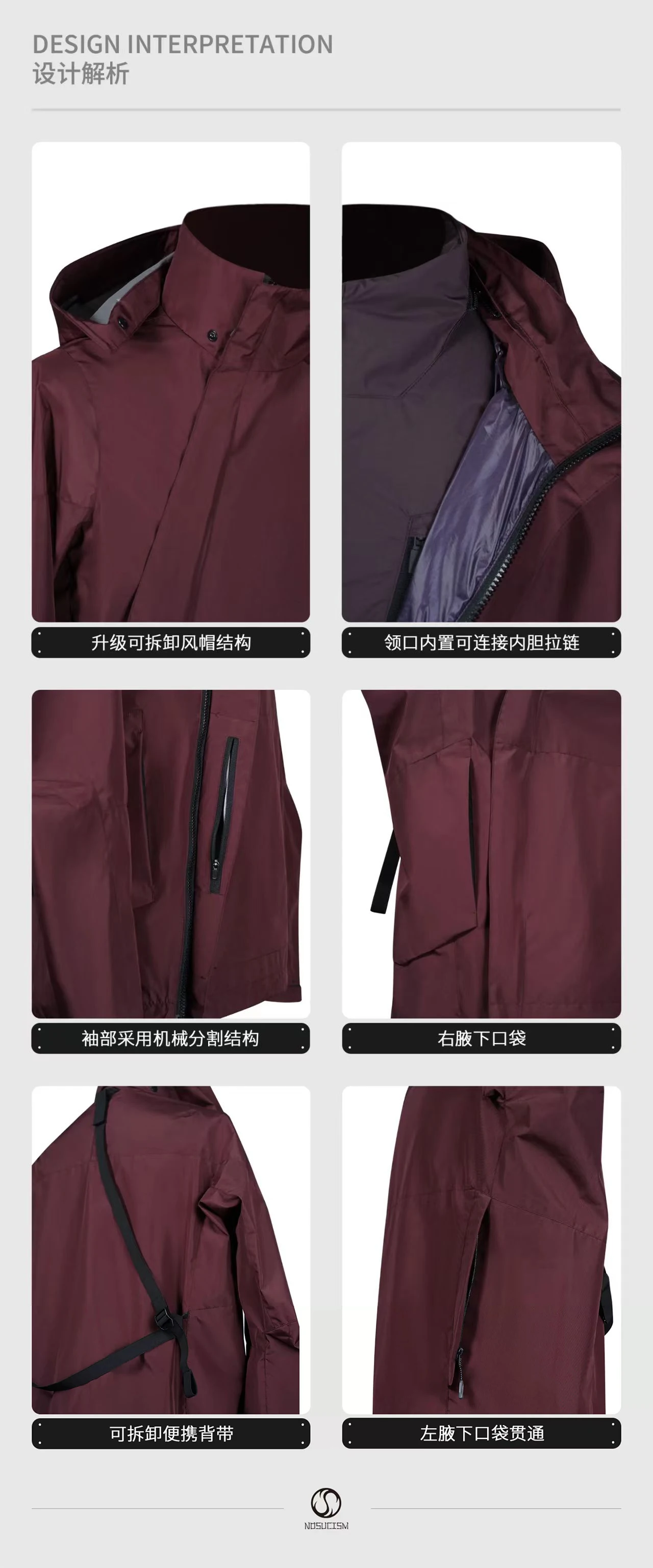 Nosucism 25aw Cherry red incline zipper jacket 2.5L composite fabric detachable hood jacketsling techwear -