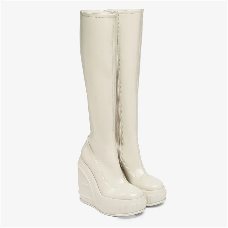2024 Spring New Slope Heel Thick Bottom Round Toe High Heel Boots Fashion Sexy Cross-border Women's Plus Size Knee-high Boots