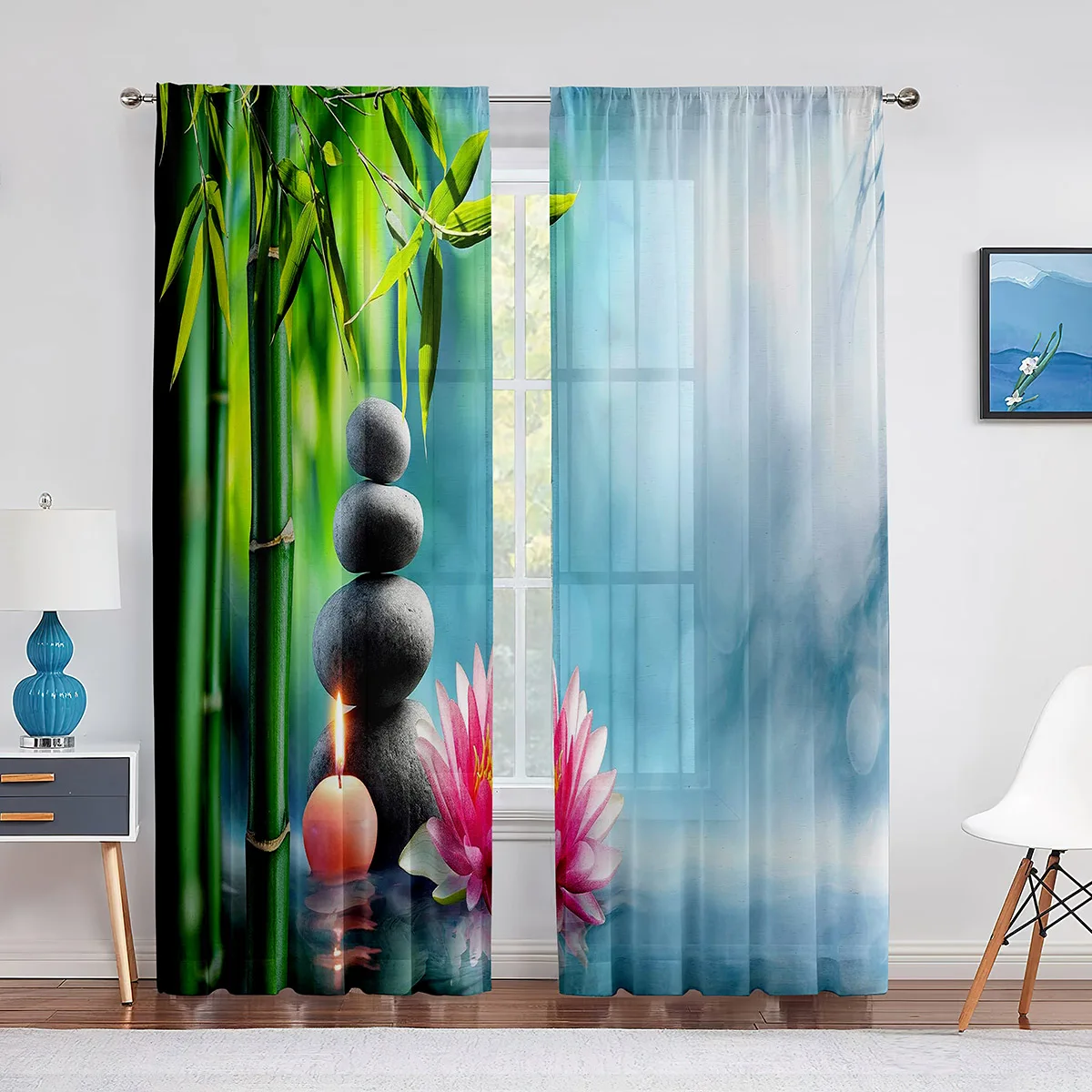 

Прозрачные шторы Zen Spa из зеленого бамбука и черного камня с цветами, для гостиной, спальни, декоративные оконные занавески, тюль, занавески