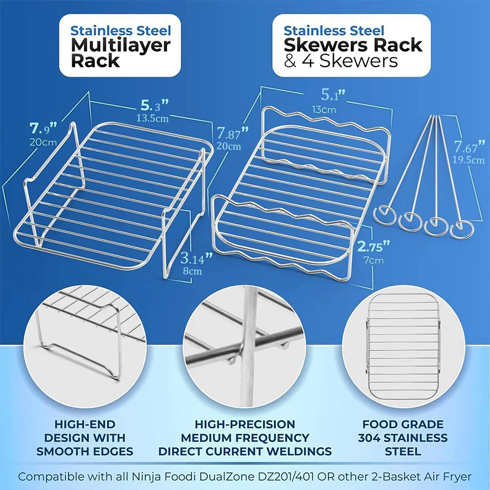 Air Fryer Accessories Rectangle Dual Basket Double Layer Grill Skewer Rack For Ninja DZ201 DZ401 DZ550 Roasting Cooking