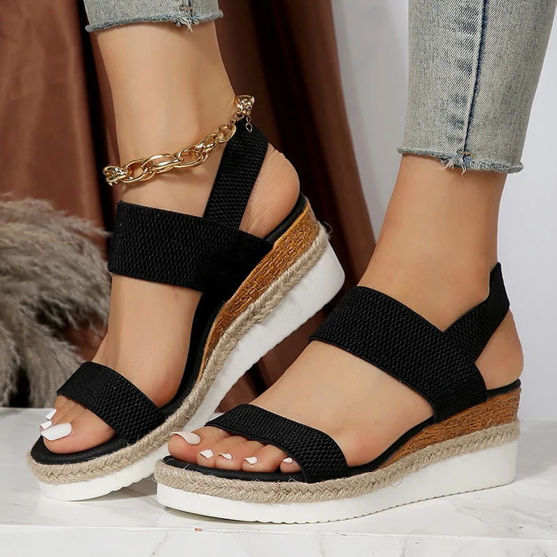 Stretch Fabric Knitted Wedge Sandals Women Back Elastic Band Platform ...