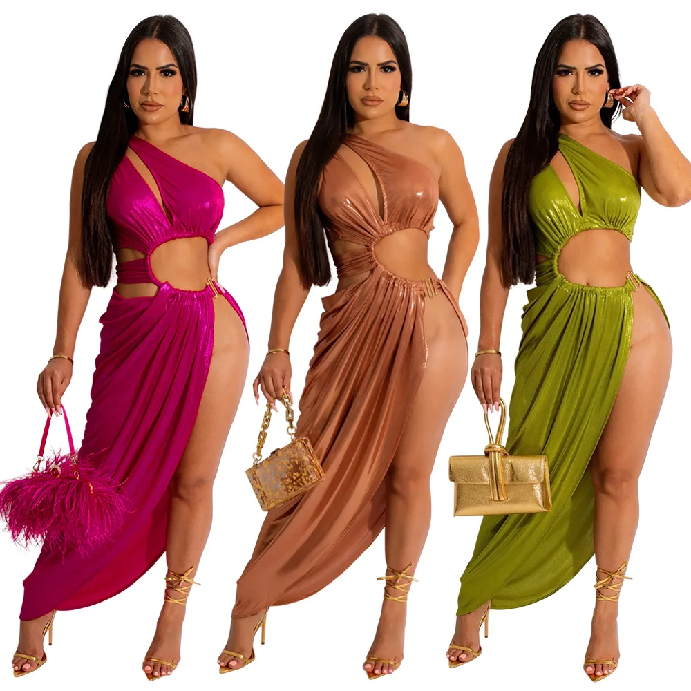 

Sexy Club Hollow Out Slit Dresses Maxi Pleated Dress Women 2023 Summer Elegant Luxury Party Bodycon Evening Vacation Dresses